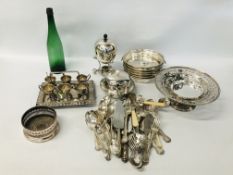 BOX OF ASSORTED SILVER PLATED WARES TO INCLUDE 6 PIECE EGG CRUET, ELKINTON PLATE COVERS, COASTER,