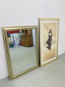 MODERN FRAMED MIRROR ALONG WITH A FRAMED CASARO PRINT.