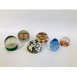 6 X ART GLASS PAPERWEIGHTS TO INCLUDE MILLEFIORI, ETC.