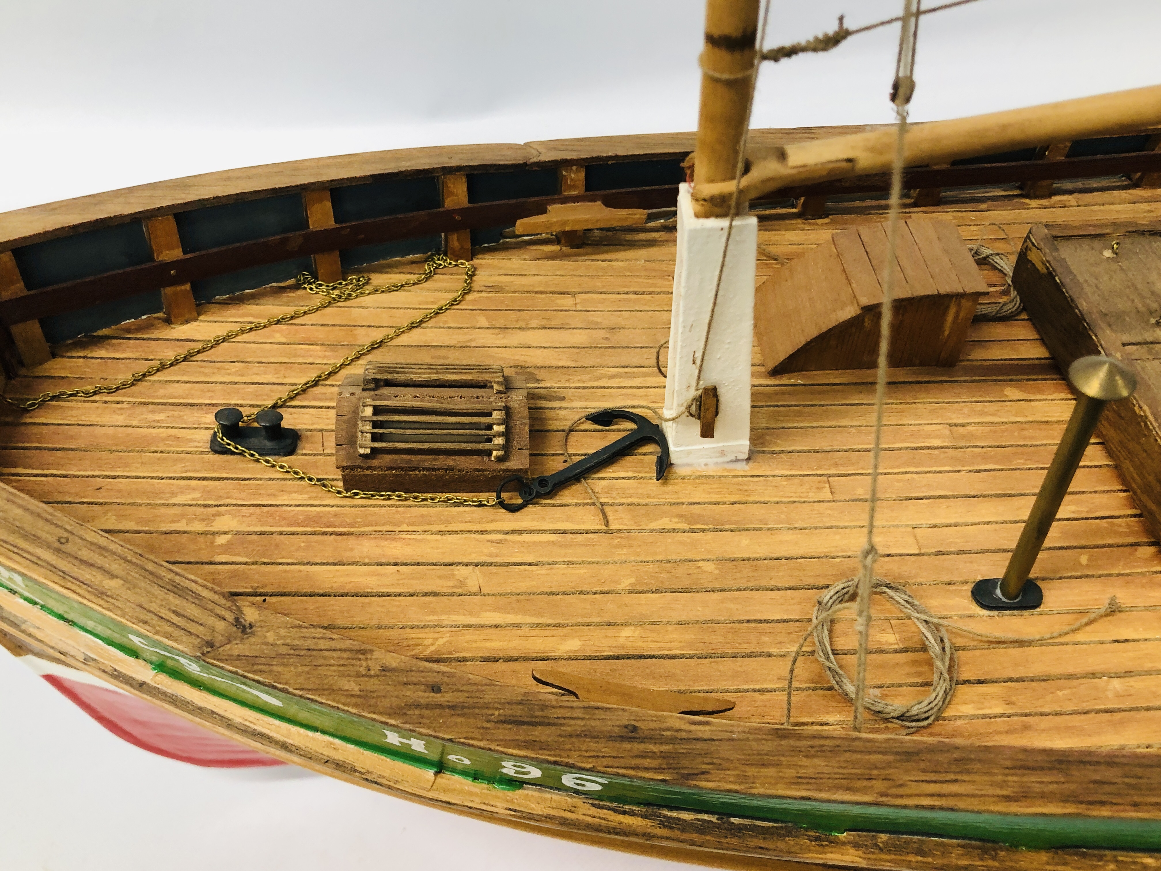 A VINTAGE HAND BUILT WOODEN MODEL OF A FISHING TRAWLER "EILEEN" NO. 96 LENGTH 85CM. HEIGHT 66CM. - Image 8 of 11