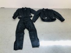 A SET OF SIZE 12 LADIES SPORTEX MOTORCYCLE LEATHERS ALONG WITH SIZE 48 MENS SPORTEX LEATHER JACKET