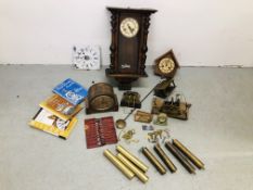 BOX OF ASSORTED VINTAGE CLOCKS AND WEIGHTS TO INCLUDE MANTEL,