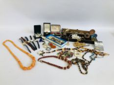 BOX OF ASSORTED VINTAGE AND COSTUME JEWELLERY TO INCLUDE HARDSTONE BEADED NECKLACES,