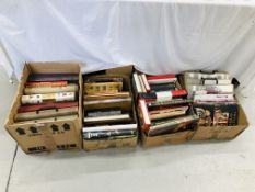 4 X BOXES OF ASSORTED MILITARY REFERENCE AND HISTORY BOOKS TO INCLUDE MILITARY FASHION,