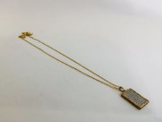 A 9CT GOLD PENDANT OF RECTANGULAR FORM SET WITH MULTIPLE DIAMONDS ON A 9CT GOLD CHAIN L 50CM.