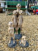 THREE STONEWORK MEERCAT GARDEN ORNAMENTS THE LARGEST STANDING 65CM.