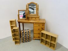 HONEY PINE 4 DRAWER DRESSING TABLE ALONG WITH A FREE STANDING MIRROR, WINE RACK,