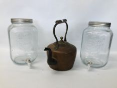 A VINTAGE COPPER KETTLE AND 2 LARGE DRINK JARS WITH TAPS