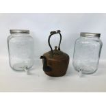 A VINTAGE COPPER KETTLE AND 2 LARGE DRINK JARS WITH TAPS