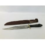 STEEL BLADED WITH CARVED HORN HANDLED KNIFE MARKED RODGERS SELF DEFENDER IN BROWN LEATHER SHEATH -