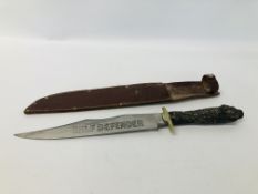 STEEL BLADED WITH CARVED HORN HANDLED KNIFE MARKED RODGERS SELF DEFENDER IN BROWN LEATHER SHEATH -