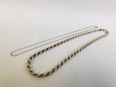 A DESIGNER SILVER ROPE TWIST NECKLACE L 46CM ALONG WITH A FINE 9CT WHITE GOLD NECKLACE L 44CM.