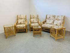 A FOUR PIECE CANE CONSERVATORY SUITE WITH CREAM PATTERNED CUSHIONS - COMPRISING OF TWO SEATER,