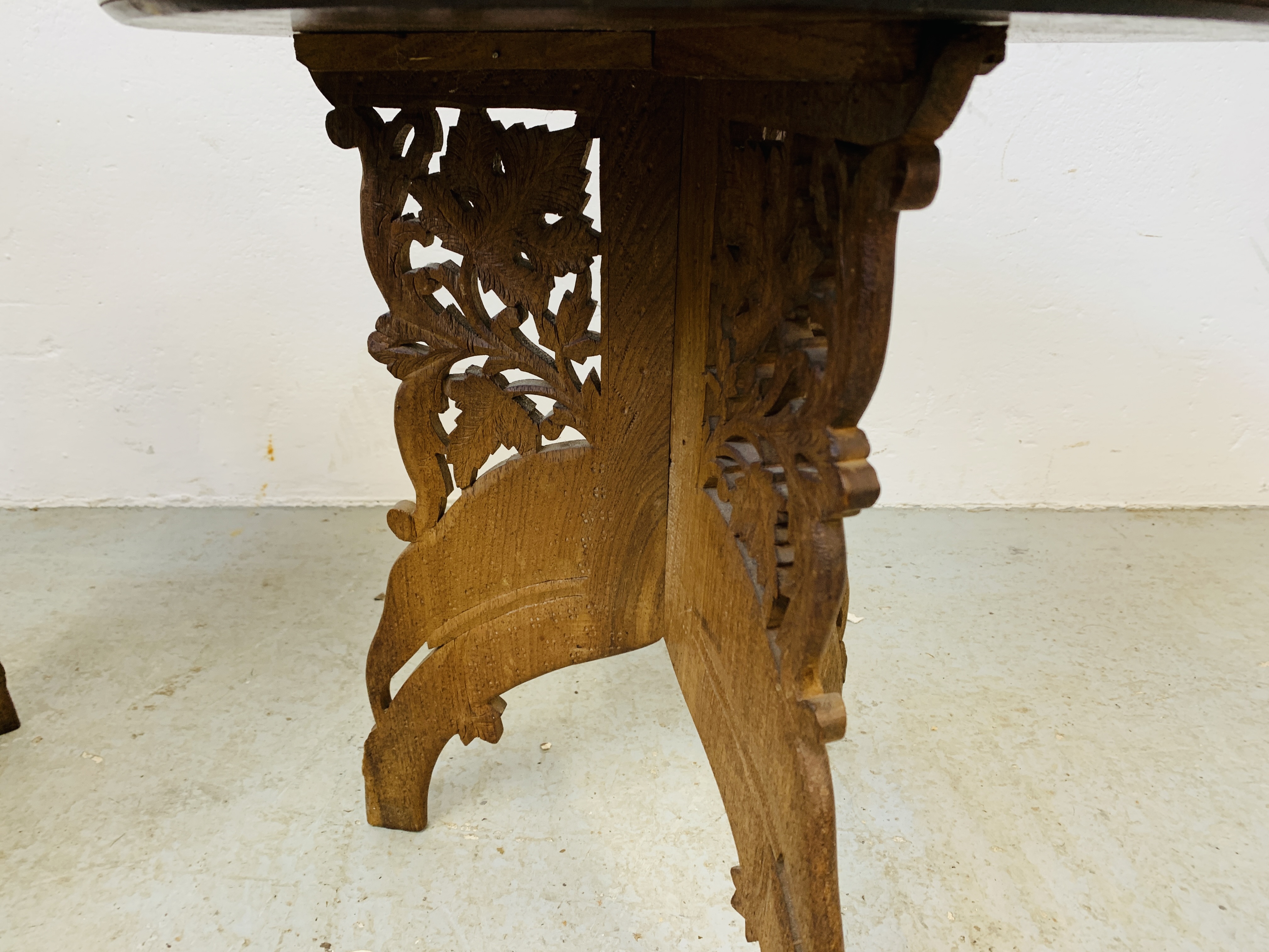 TWO HEAVILY CARVED HARDWOOD OCCASIONAL TABLES D 39CM X H 41CM. - Image 6 of 8