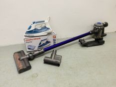 DYSON DC59 CORDLESS VACUUM CLEANER WITH ACC AND MORPHY RICHARDS STEAM IRON - SOLD AS SEEN.