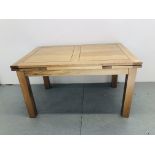 A QUALITY MODERN SOLID OAK EXTENDING DINING TABLE 140CM X 90CM, EXTENDED 220CM.