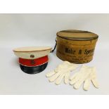 OFFICERS SOMMERZEIT SHIRMUTZE GARDE DU CORPS CAP AND DRESS GLOVES ALONG WITH A CARDBOARD HAT BOX -