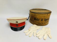 OFFICERS SOMMERZEIT SHIRMUTZE GARDE DU CORPS CAP AND DRESS GLOVES ALONG WITH A CARDBOARD HAT BOX -