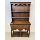 A SMALL OAK COTTAGE DRESSER W 92CM, D 37CM, H 161CM.