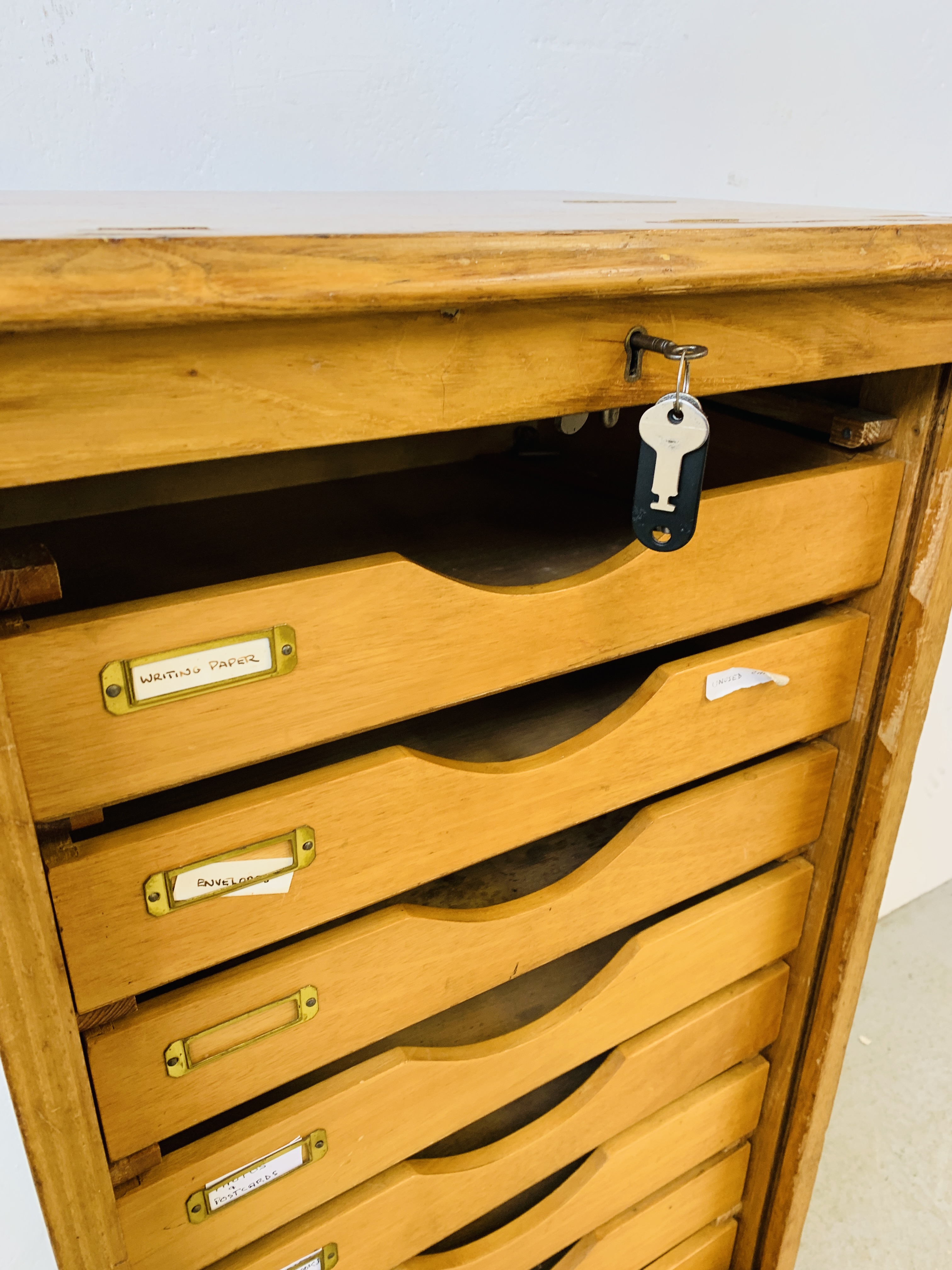 A VINTAGE HARDWOOD TAMBOUR FRONT MULTI DRAWER FILING CABINET W 48CM, D 36CM, H 111CM. - Image 9 of 13