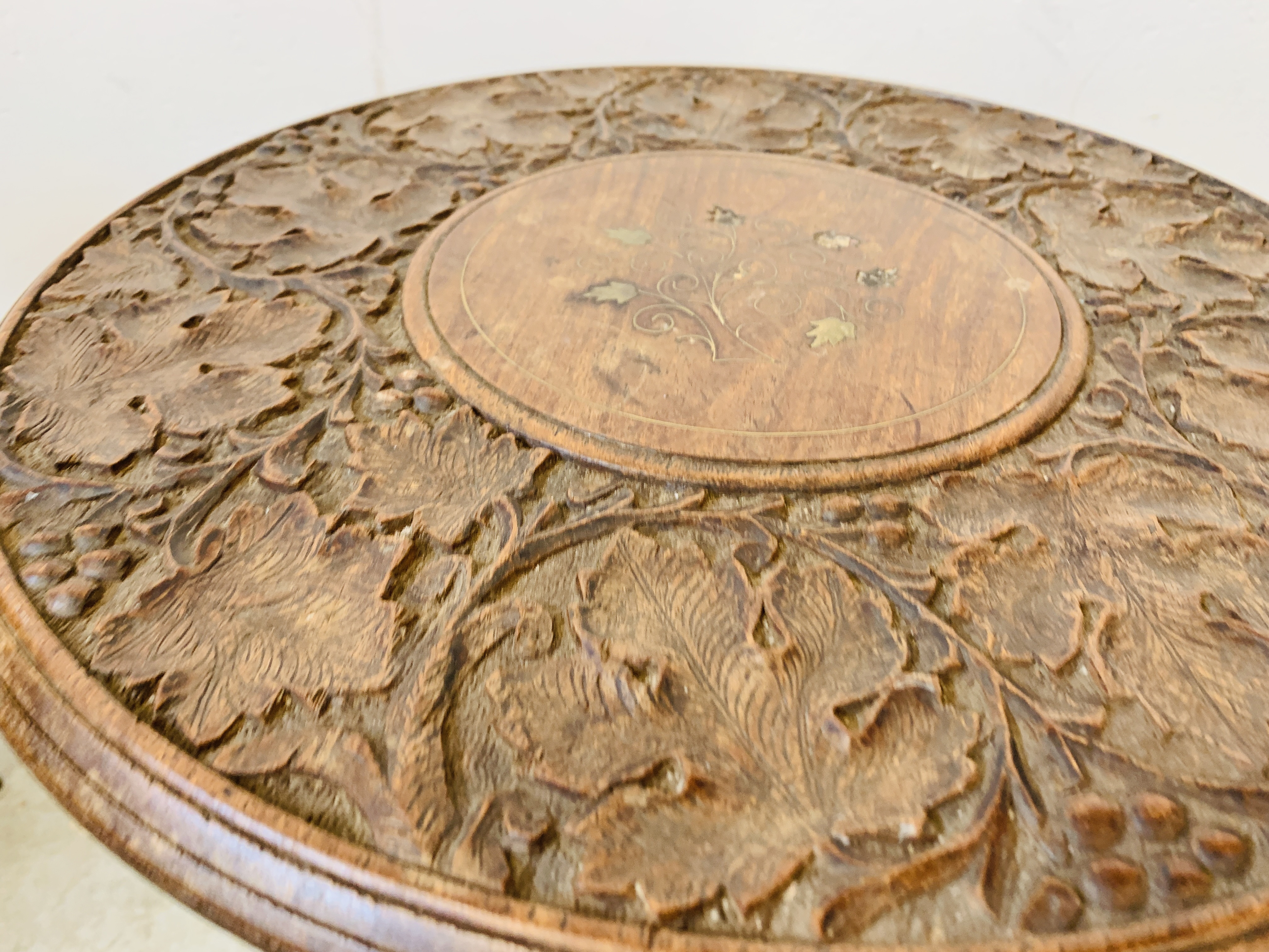 TWO HEAVILY CARVED HARDWOOD OCCASIONAL TABLES D 39CM X H 41CM. - Image 5 of 8