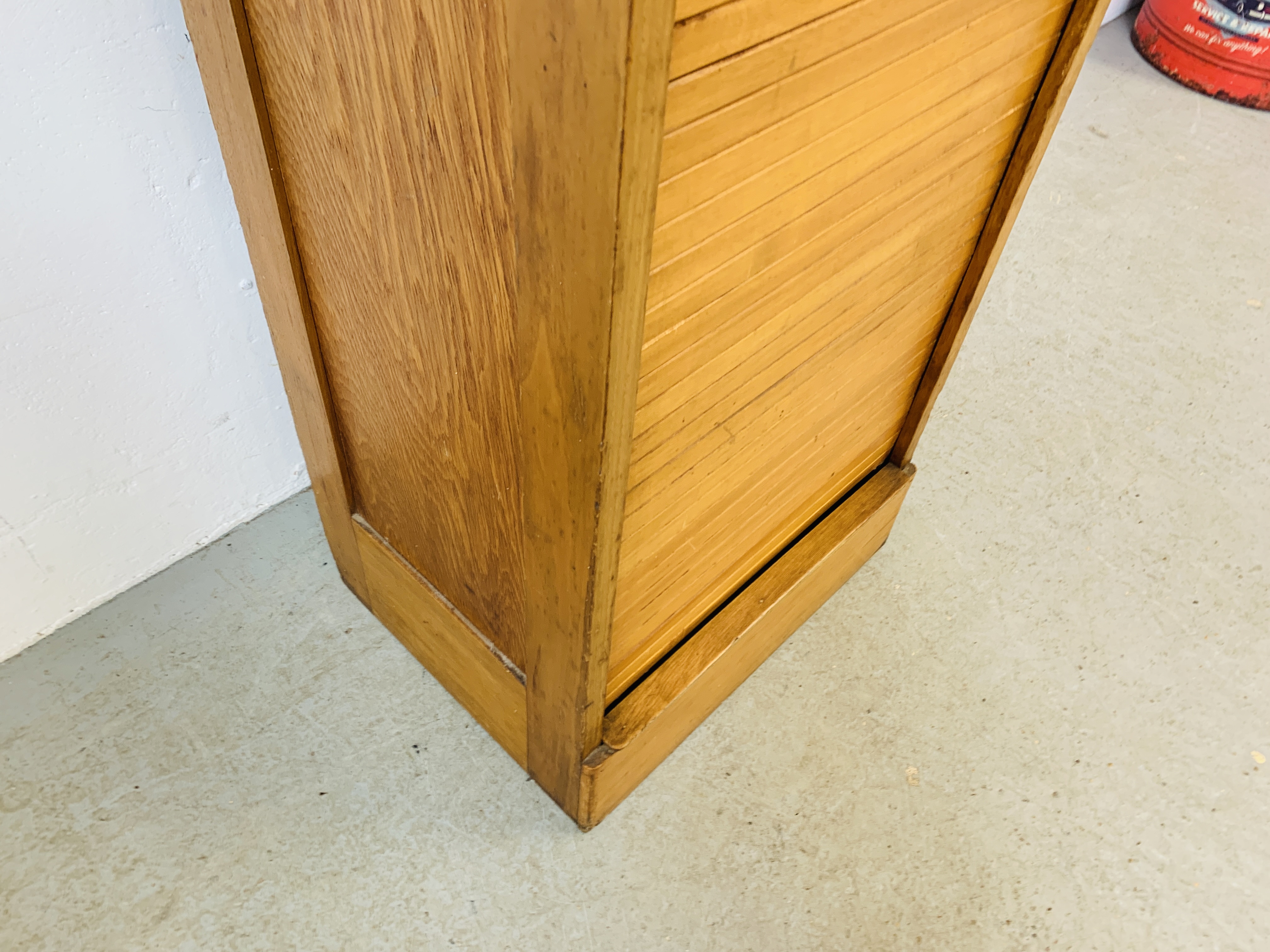 A VINTAGE HARDWOOD TAMBOUR FRONT MULTI DRAWER FILING CABINET W 48CM, D 36CM, H 111CM. - Image 6 of 13