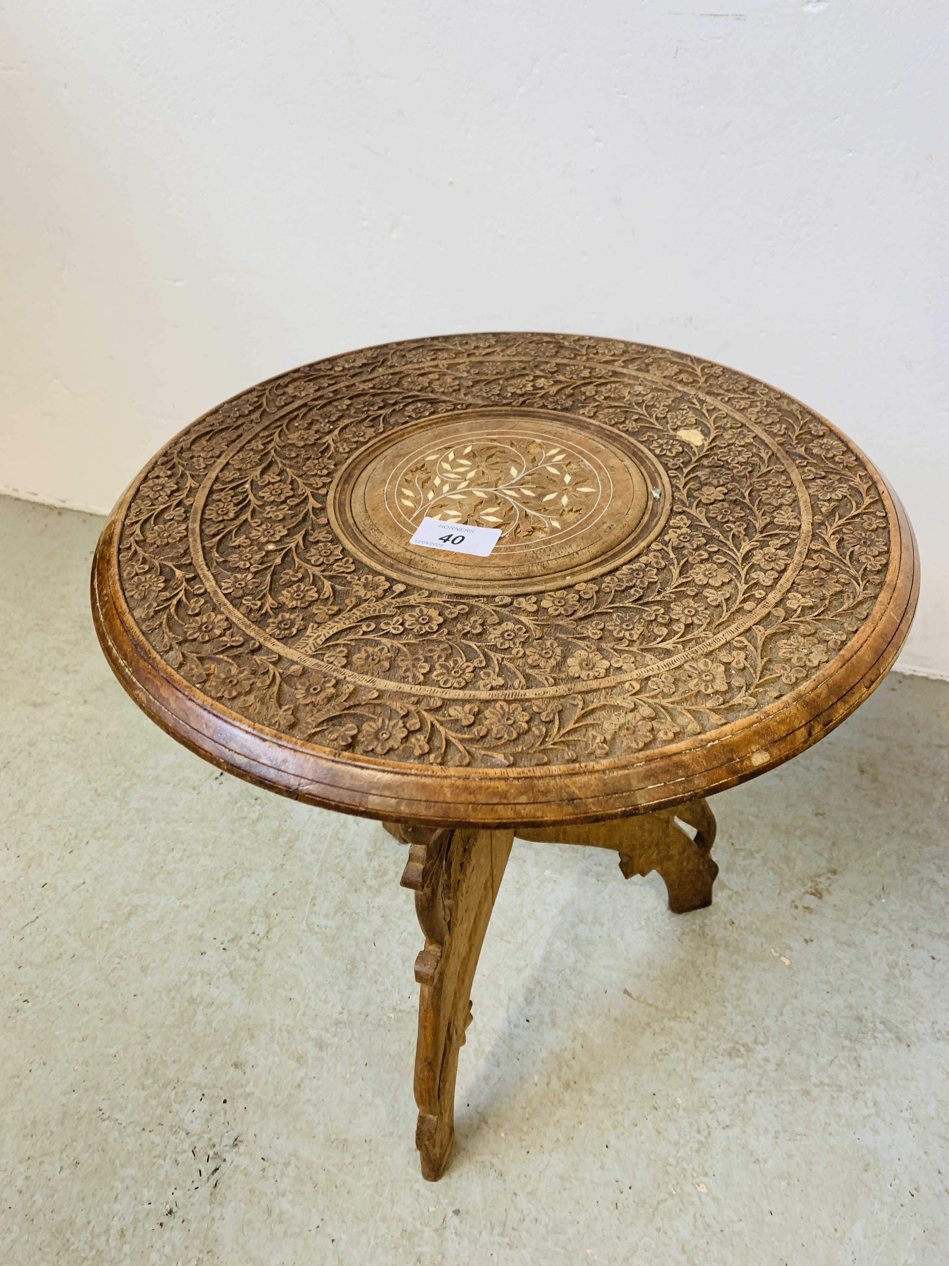 TWO HEAVILY CARVED HARDWOOD OCCASIONAL TABLES D 39CM X H 41CM. - Image 2 of 8