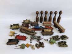 BOX OF ASSORTED VINTAGE TOYS TO INCLUDE VINTAGE HARDWOOD TURNED SKITTLES,