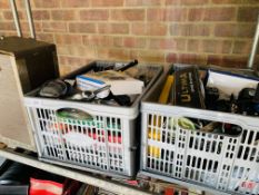2 BOXES OF ASSORTED FISHING REELS AND ACCESSORIES ALONG WITH A COLLECTION OF FISHING RODS,