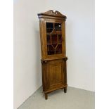 AN ANTIQUE OAK HALF GLAZED FLOOR STANDING CORNER CUPBOARD WIDTH 77CM. HEIGHT 209CM.