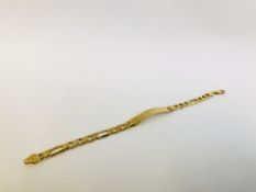 A 9CT GOLD FLAT LINK ID BRACELET.