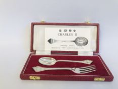 CASED SILVER CHRISTENING SPOON AND FORK CHARLES II REPLICA LACE BACK 55gm FRANCIS HOWARD SHEFFIELD