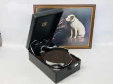 HMV MODEL 102 TRANSPORTABLE GRAMOPHONE ALONG WITH FRANCIS BARRAVD "HIS MASTERS VOICE" PRINT - SOLD