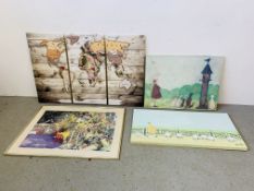 2 MODERN ART CANVAS PICTURES BY SAM TOFT ALONG WITH A THREE SECTION MAP CANVAS OF THE WORLD AND A