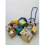 COLLECTION OF ASSORTED BALLOONS AND RIBBONS, WEIGHTS, BAGS AND 2 HELIUM TANKS, SACK BARROW,