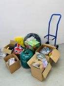 COLLECTION OF ASSORTED BALLOONS AND RIBBONS, WEIGHTS, BAGS AND 2 HELIUM TANKS, SACK BARROW,