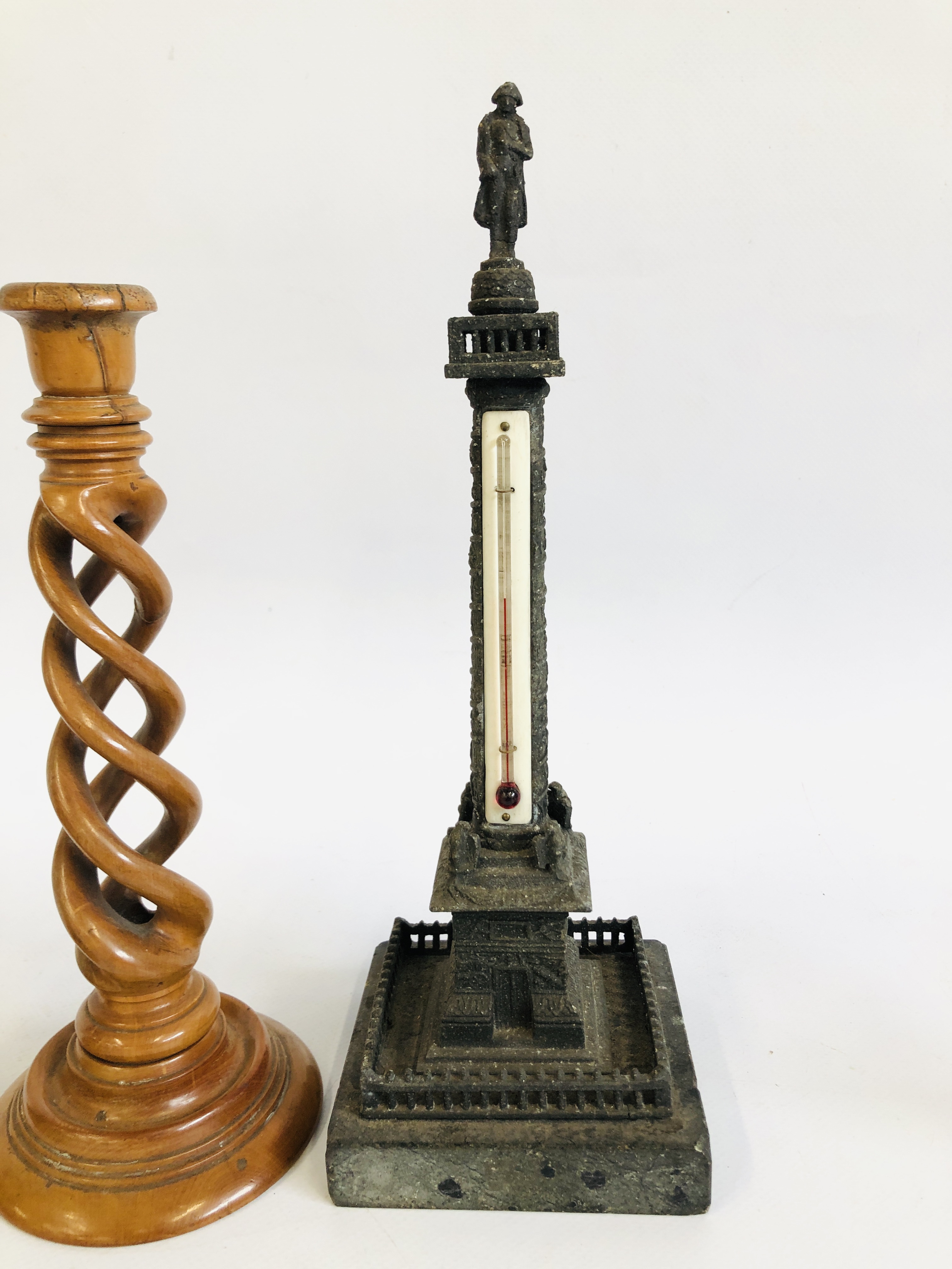 PAIR OF TREEN TWIST CANDLESTICKS, NAPOLEON THERMOMETER, BRASS TIGER AND NAPOLEON - Image 3 of 9