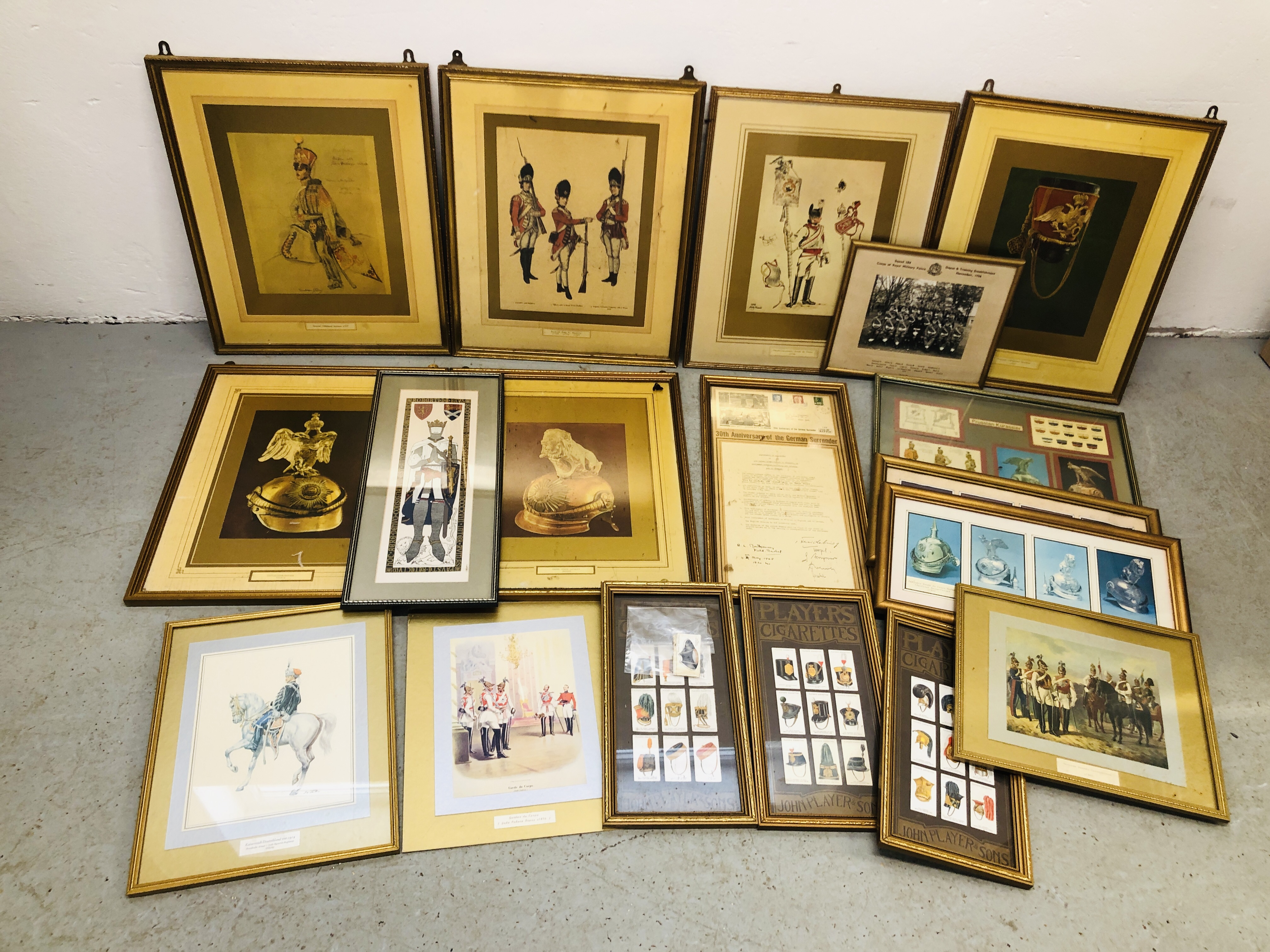 BOX OF ASSORTED FRAMED PICTURES, PRINTS AND PHOTOGRAPHS RELATING TO MILITARY UNIFORM ETC,