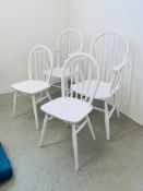 A SET OF FOUR WHITE PAINTED STICK BACK CHAIRS TO INCLUDE 2 CARVERS