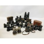 13 X PAIRS OF VINTAGE BINOCULARS TO INCLUDE MILITARY, ETC.