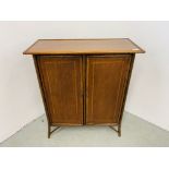 AN EDWARDIAN CANE MAHOGANY TWO DOOR CUPBOARD WITH SHELVED INTERIOR W 85CM, D 37CM, H 96CM.