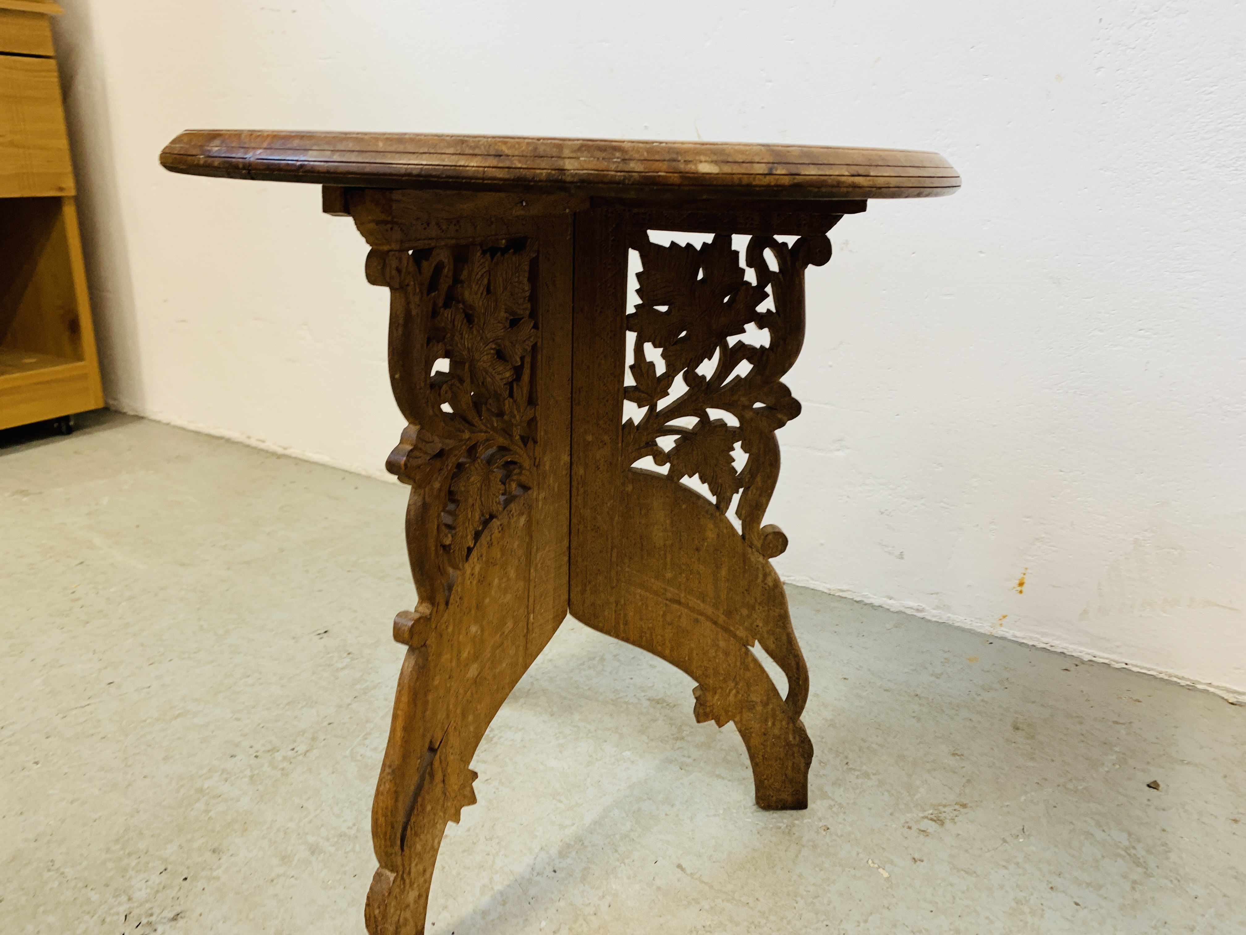 TWO HEAVILY CARVED HARDWOOD OCCASIONAL TABLES D 39CM X H 41CM. - Image 7 of 8