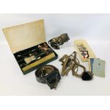 COLLECTION OF MILITARY ACCESSORIES TO INCLUDE BADGES, BUTTONS, LEATHER BELT, REF BOOK,