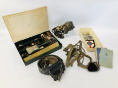 COLLECTION OF MILITARY ACCESSORIES TO INCLUDE BADGES, BUTTONS, LEATHER BELT, REF BOOK,