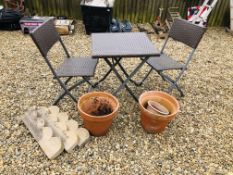 BISTRO TABLE AND TWO CHAIRS, 2 TERRACOTTA PLANT POTS.