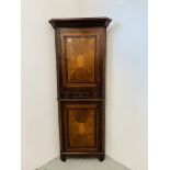 AN ANTIQUE FLOOR STANDING MAHOGANY INLAID CORNER CABINET WITH DRAWERS H 188CM.