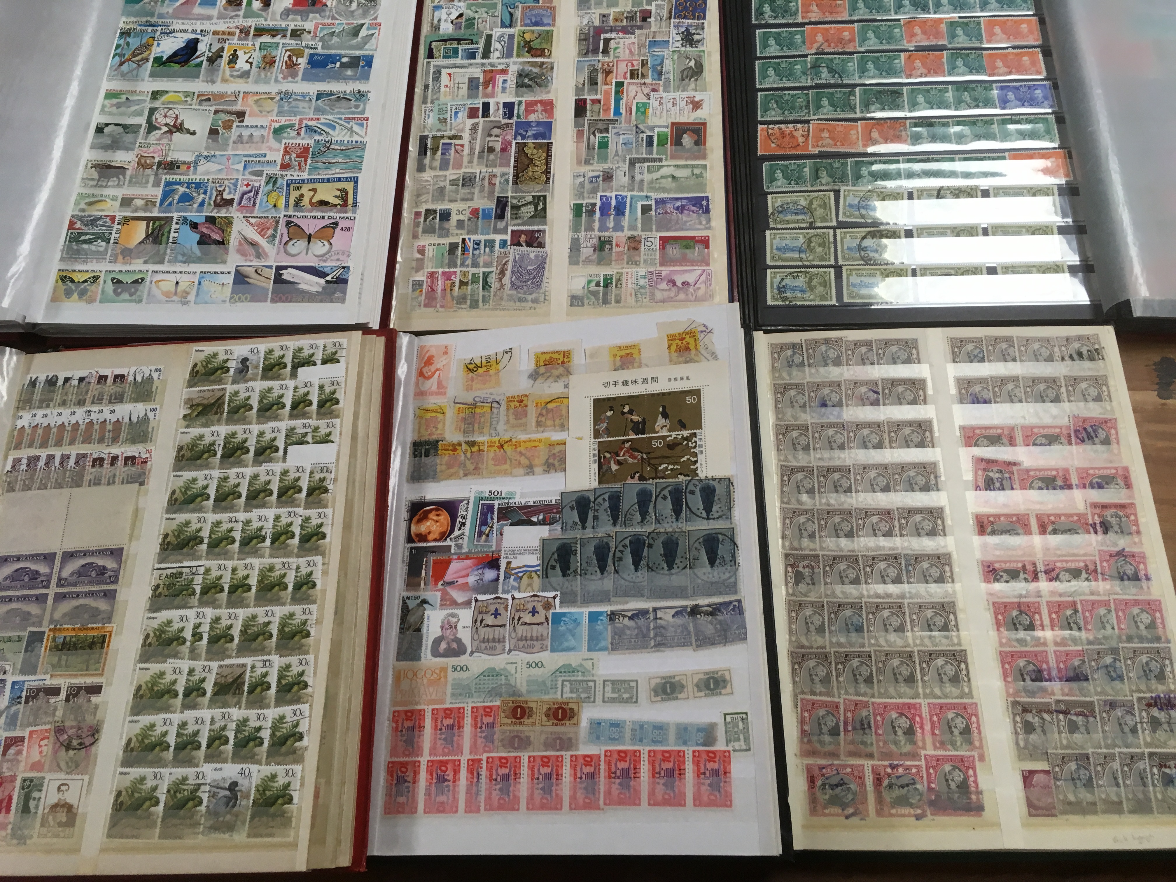 BOX WITH ALL WORLD STAMPS IN ELEVEN STOCKBOOKS, REVENUES, GERMANY, GB, MOZAMBIQUE, BERMUDA ETC.