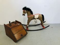 A VINTAGE CHILD'S ROCKING HORSE AND A VINTAGE COAL SCUTTLE.