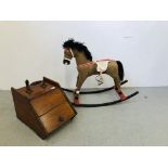 A VINTAGE CHILD'S ROCKING HORSE AND A VINTAGE COAL SCUTTLE.