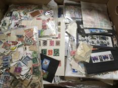 LARGE BOX ECLECTIC MIX STAMPS IN PACKETS, ON CARDS AND LOOSE, ALSO BOX COVERS AND CARDS.